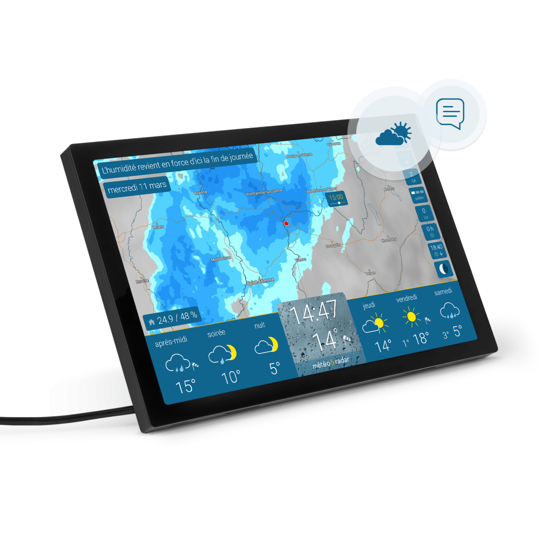 météo & radar home 4 en noir, avec radar des précipitations et prévisions météo en temps réel sur l'écran