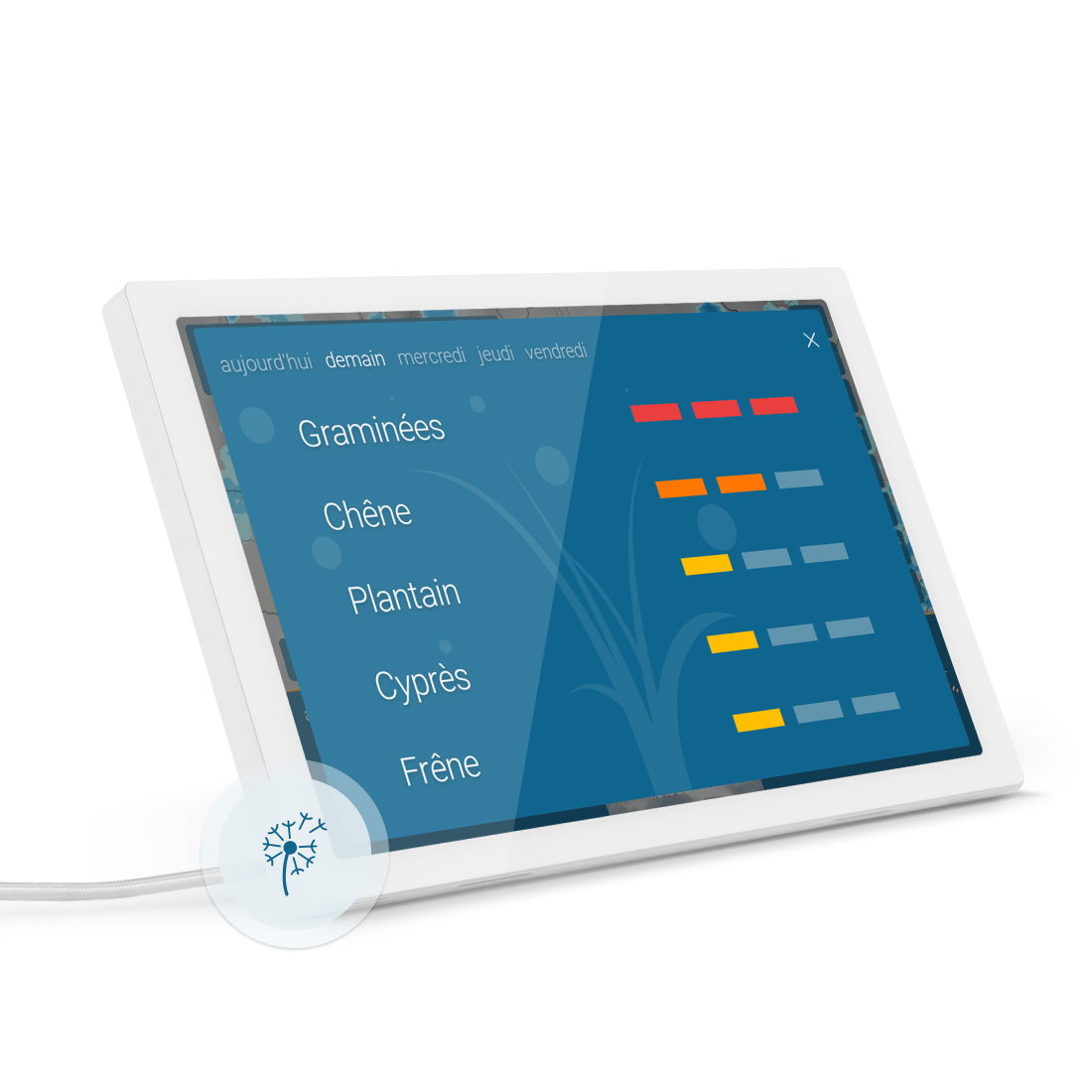 météo & radar home 4 avec affichage de la concentration de pollen de noisetier, d'aulne et de graminées à l'écran