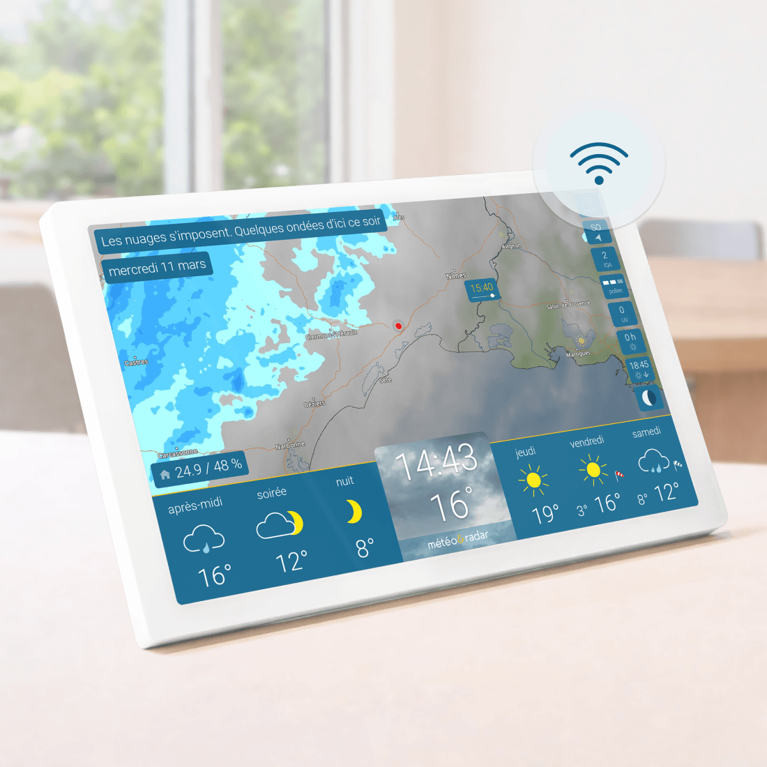 météo & radar home 4: écran météo avec connexion Wi-Fi et affichage du radar météo en direct