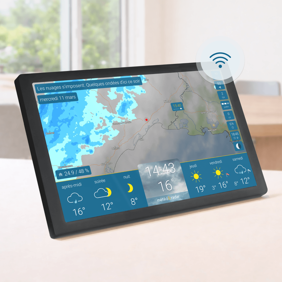 météo & radar home 4: écran météo avec connexion Wi-Fi et affichage du radar météo en direct