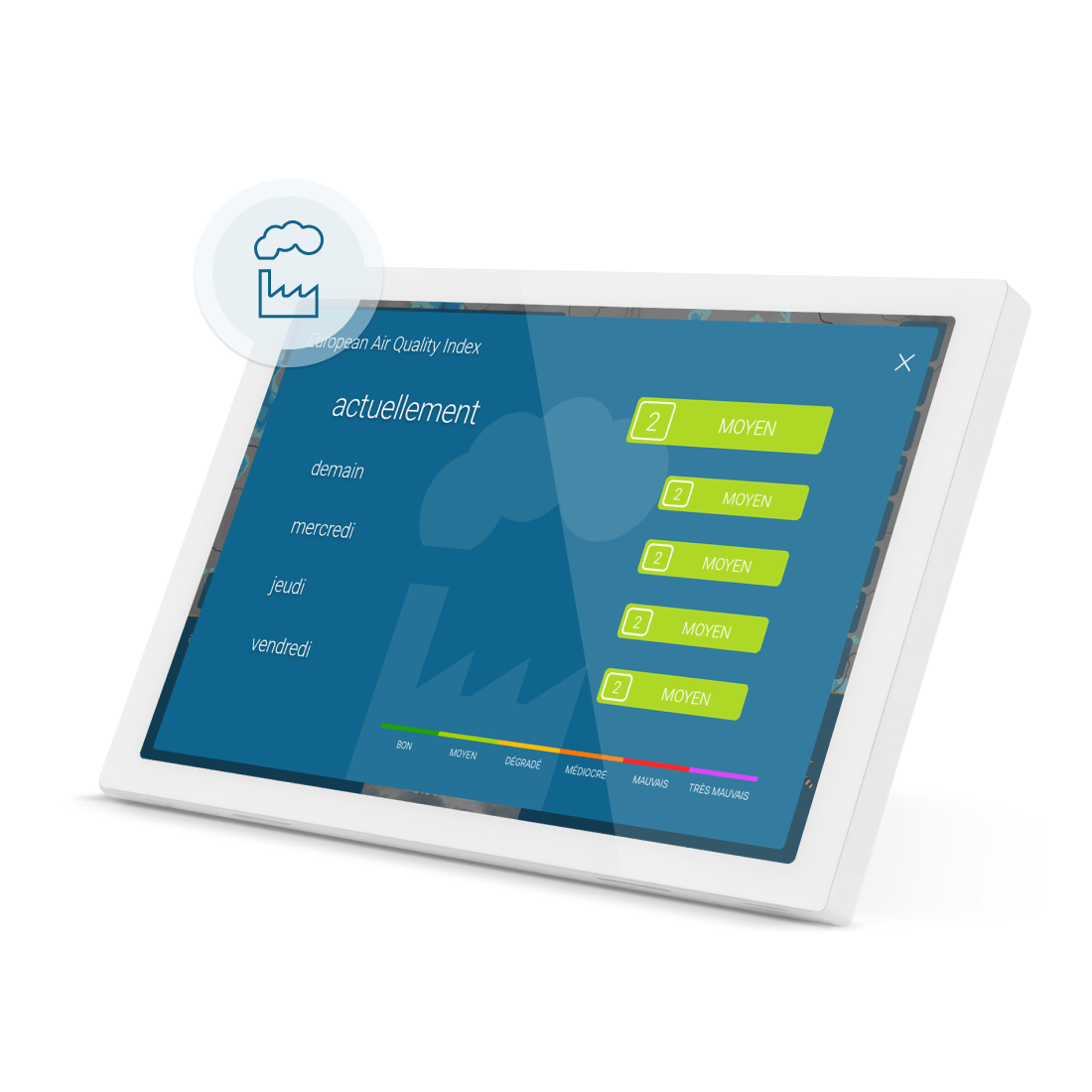 Le météo & radar home 4 affiche l'indice de qualité de l'air et les valeurs environnementales actuelles sur son écran